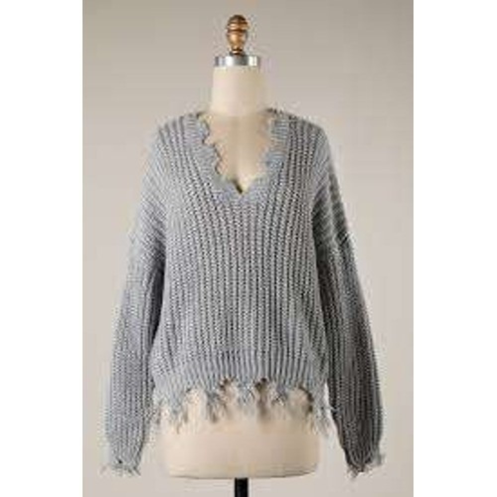 Miracle USA Light Blue Distressed V-Neck Sweater‎ M/L Pullover - Picture 5 of 16